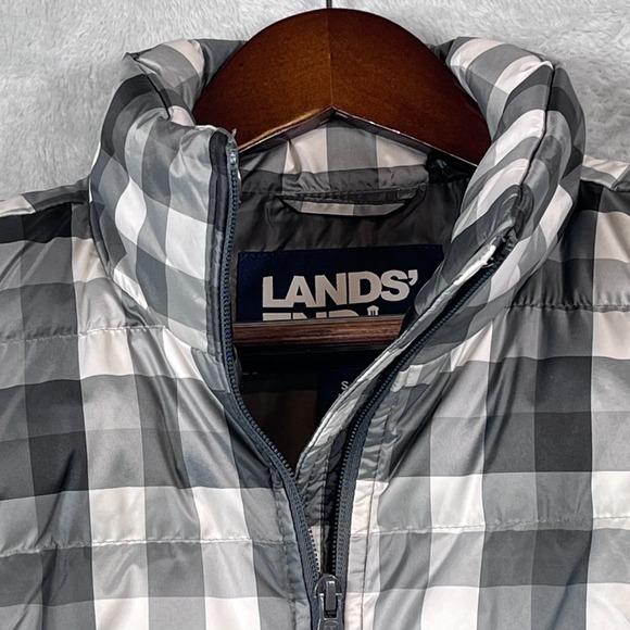 Lands End Womens Small Puffer Vest Down Plaid Check Black White Lightweight Warm - Picture 2 of 8